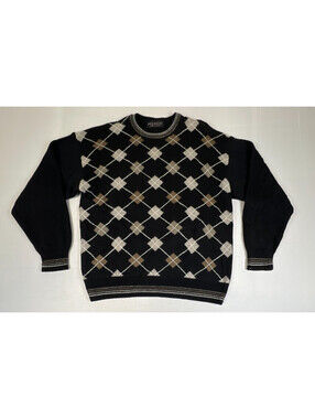 Brandini Vintage Mens L Black Argyle Crew Neck Acrylic Wool Sweater